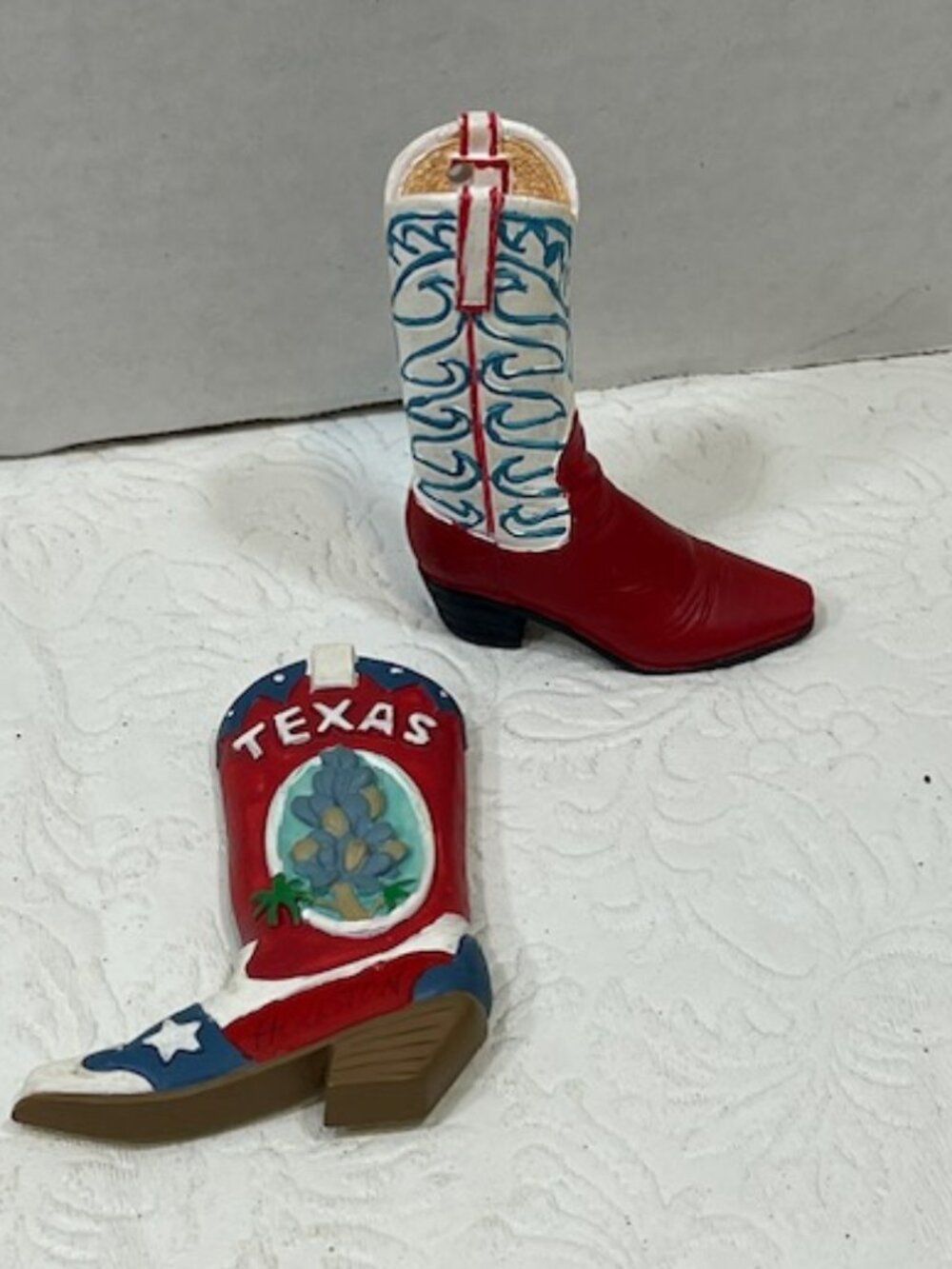 TWO Mini Western Cowboy Boot Figurines: Texas Flag Magnet & Tall Boot Decor 2.6"